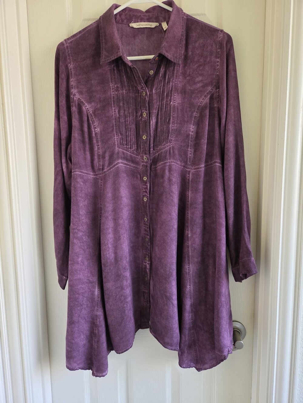 Soft‎ Surroundings Dress Purple Pigment Wash Shirt Dress Pintuck Tunic Boho L